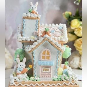 CUPCAKES & CASHMERE PASTEL EASTER GINGERBREAD HOUSE LED LIGHTS W/BUNNIES-EGGS